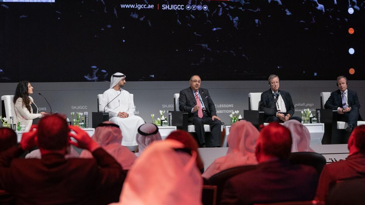 Minister Omar Sultan Al Olama and other panellists during a session at the 10th International Government Communication Forum on Monday. — Supplied photo