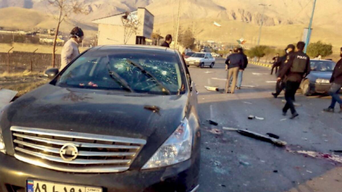 This photo released by the semi-official Fars News Agency shows the scene where Mohsen Fakhrizadeh was killed in Absard, a small city just east of Tehran. — AP