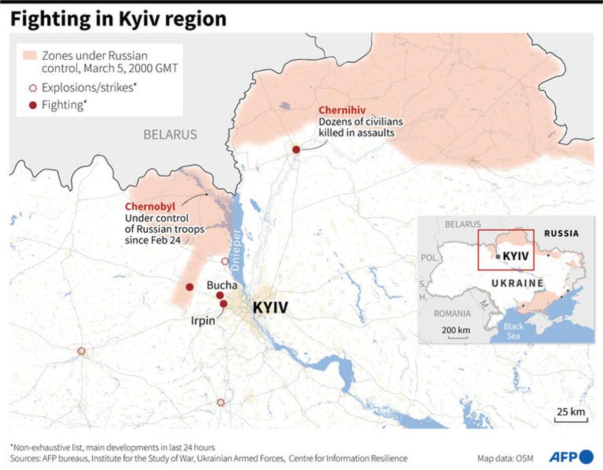 Map of Kyiv showing major developments in the Kyiv region, as of March 6. With zones under Russian control as of March 5 - Photo: AFP