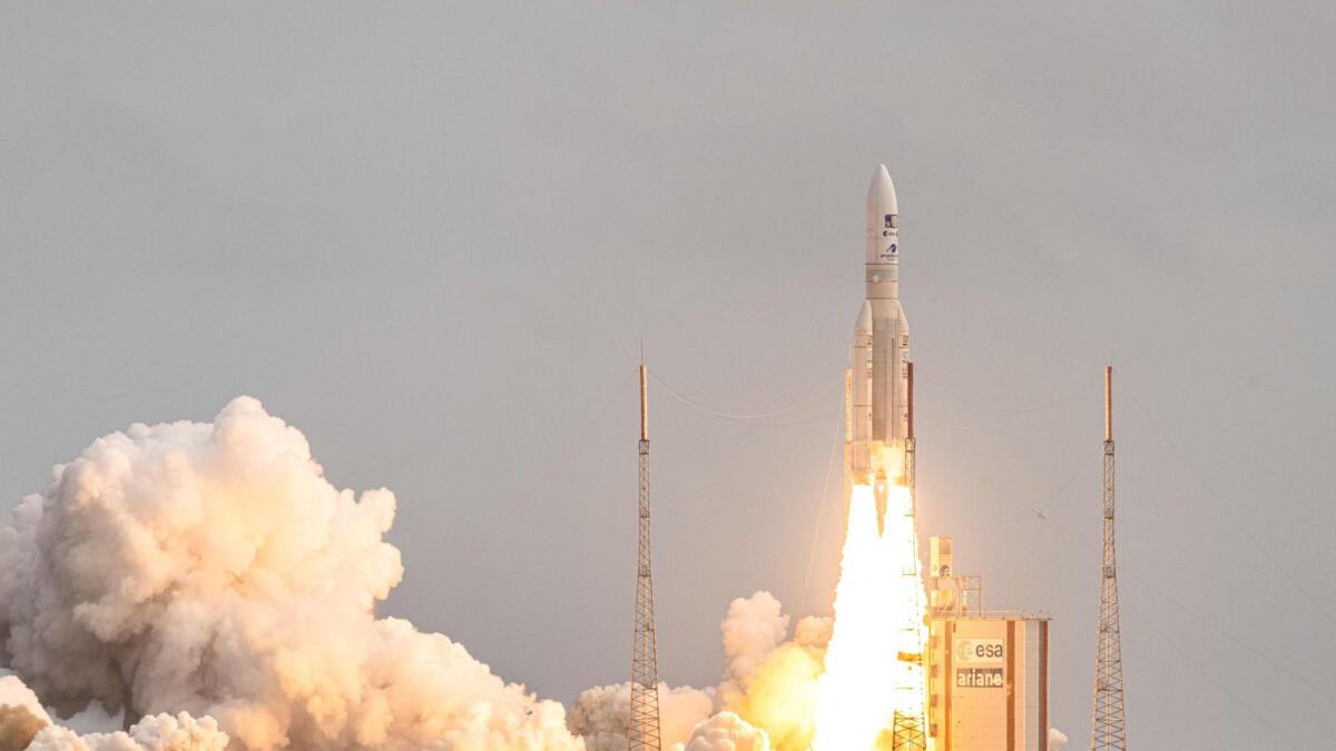 This photograph taken on Friday, shows Arianespace's Ariane 5 rocket lifting off from its launchpad, at the Guiana Space Center in Kourou, French Guiana. — AFP
