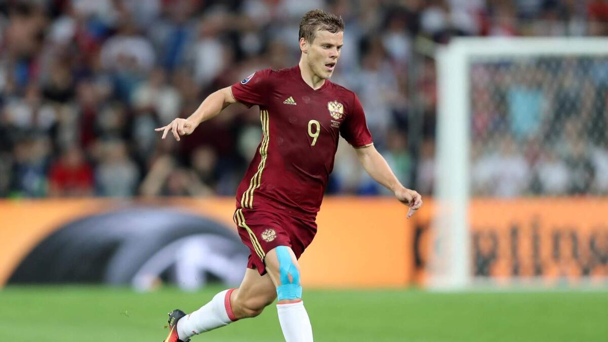 Russia's Aleksandr Kokorin runs with the ball during the Euro 2016 Group B soccer match between England and Russia, at the Velodrome stadium, in Marseille, France, Saturday, June 11, 2016.