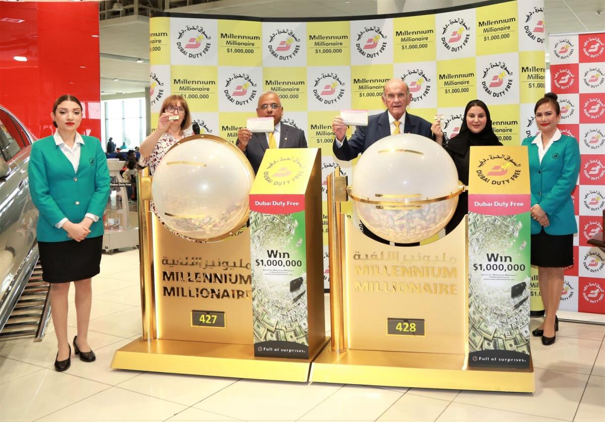 Dubai Duty Free's Executive Vice Chairman &amp; CEO, Colm McLoughlin, COO Ramesh Cidambi, Mona Al Ali, SVP – Human Resources and Sharon Beecham, SVP – Purchasing conducted the draw for two Millennium Millionaire draw. — Supplied photo
