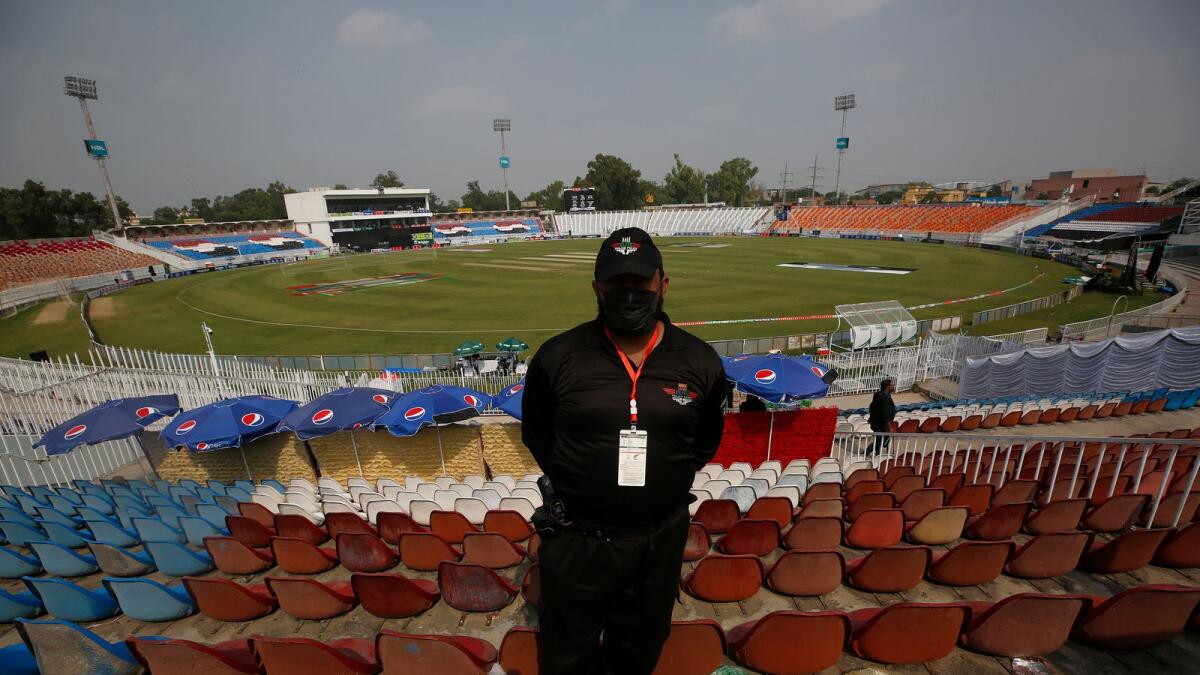 A Pakistani police officer seen at the Rawalpindi Cricket Stadium. (AP)