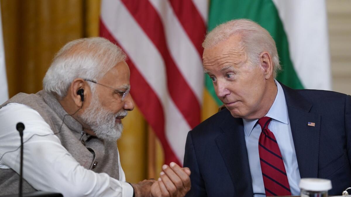 US President Joe Biden speaks with India's Prime Minister Narendra Modi during a meeting with American and Indian business leaders in the East Room of the White House last  month in Washington. — AP file