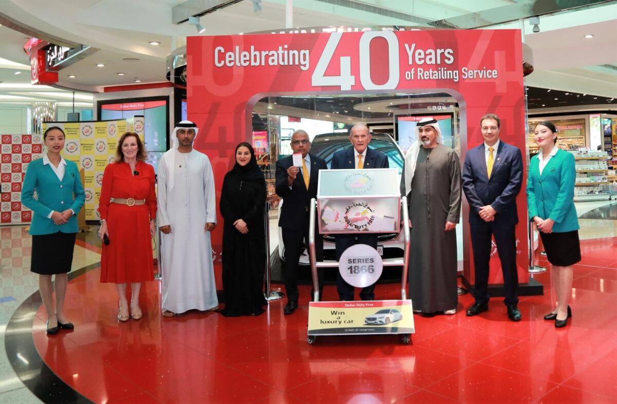 Dubai Duty Free officials at the Finest Surprise draw for a luxury car. Photo: Supplied