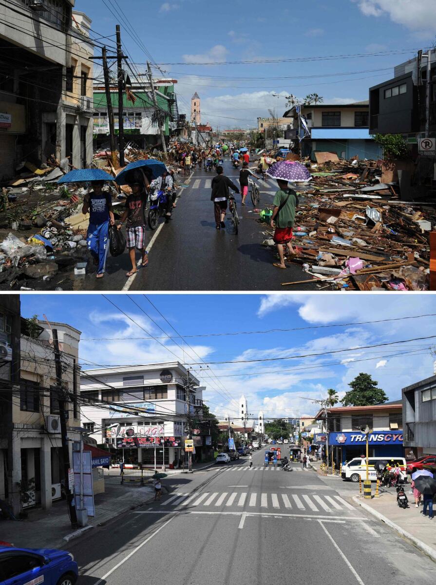 This combination image of two photographs created on October 24, 2023 shows people walking past rubble and debris near the intersection of Burgos and Real streets in Tacloban city, Leyte province on November 10, 2013 (top) after Super Typhoon Haiyan made landfall, and a view of the intersection ten years later on October 12, 2023 (bottom).  — AFP
