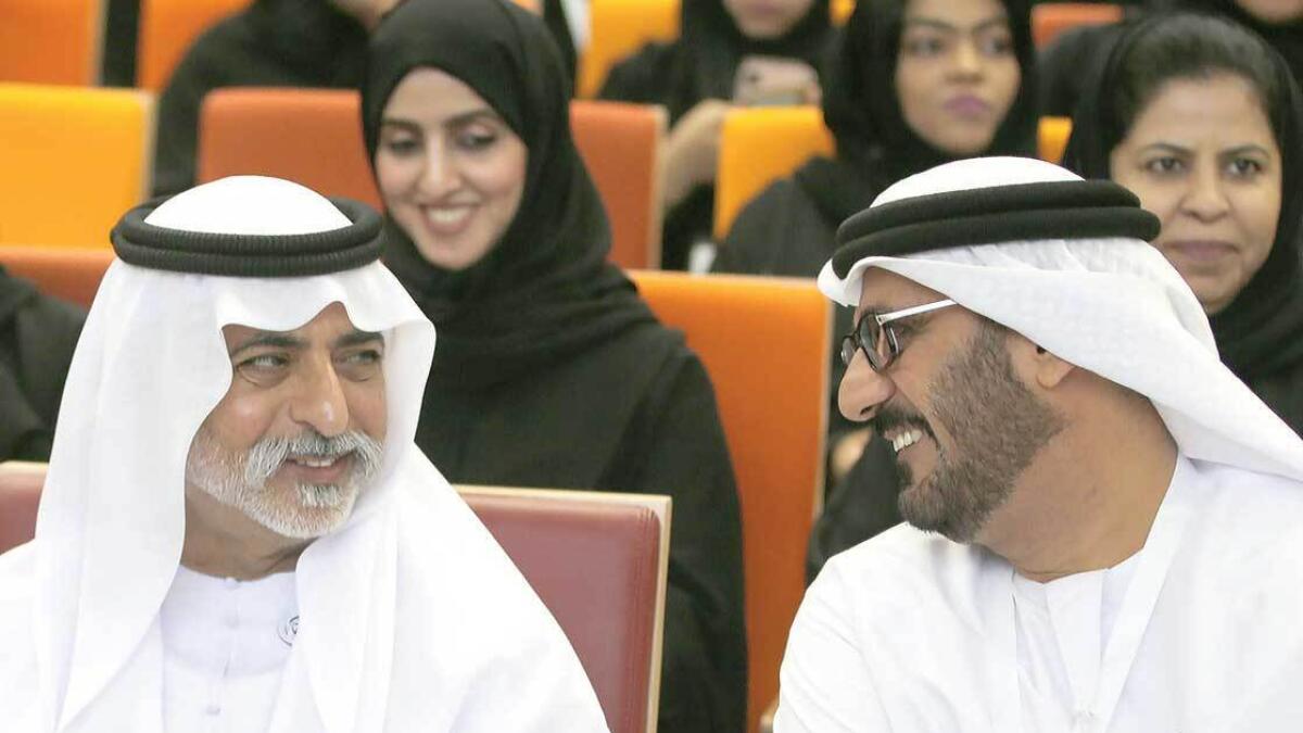 Sheikh Nahyan bin Mubarak Al Nahyan and Hussain Al Hammadi during the conference. — Photo by Ryan Lim