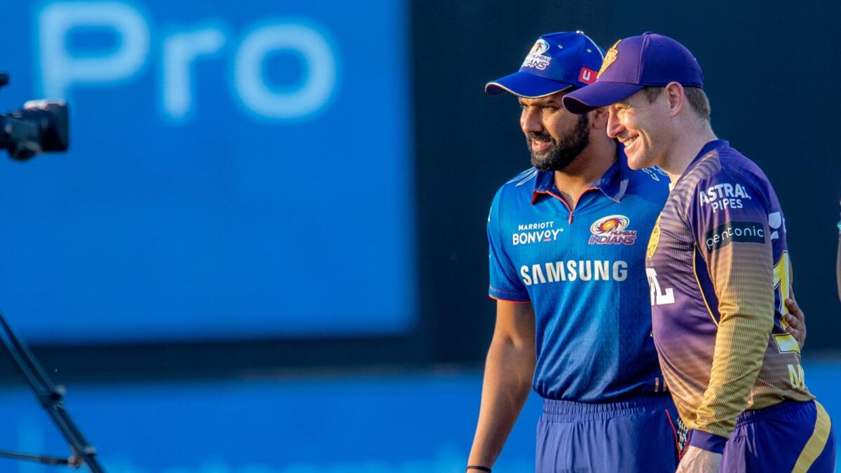 Skipper Eoin Morgan (right) has transformed KKR, while Mumbai Indians captain Rohit Sharma has had a poor time. — BCCI