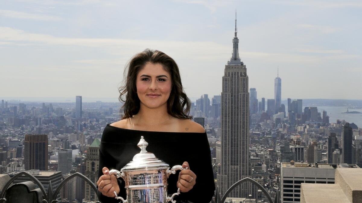 Bianca Andreescu poses with the US Open women's singles championship trophy at Top of the Rock, Sunday, Sept. 8, 2019, in New York. (AP file)