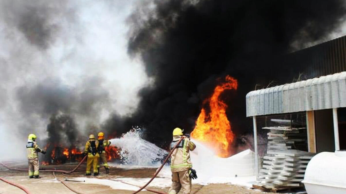  Firefighters are trying to put out a fire that broke out in a fiber glass factory in New industrial area in Ajman on Saturday morning. 