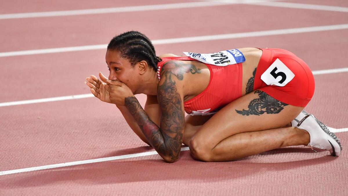 Bahrain's Salwa Eid Naser reacts after winning the women's 400m final at the 2019 IAAF Athletics World Championships. (AFP file)