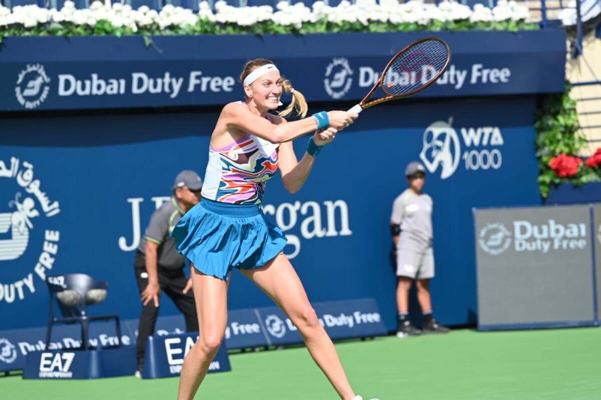 Petra Kvitova hits a return during her first round match in Dubai on Sunday. – Photo by Ehaab Qadeer