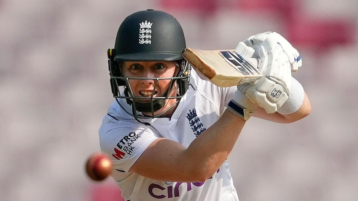 England's batter Heather Knight plays a shot during the one-off Test cricket match against India. - PTI