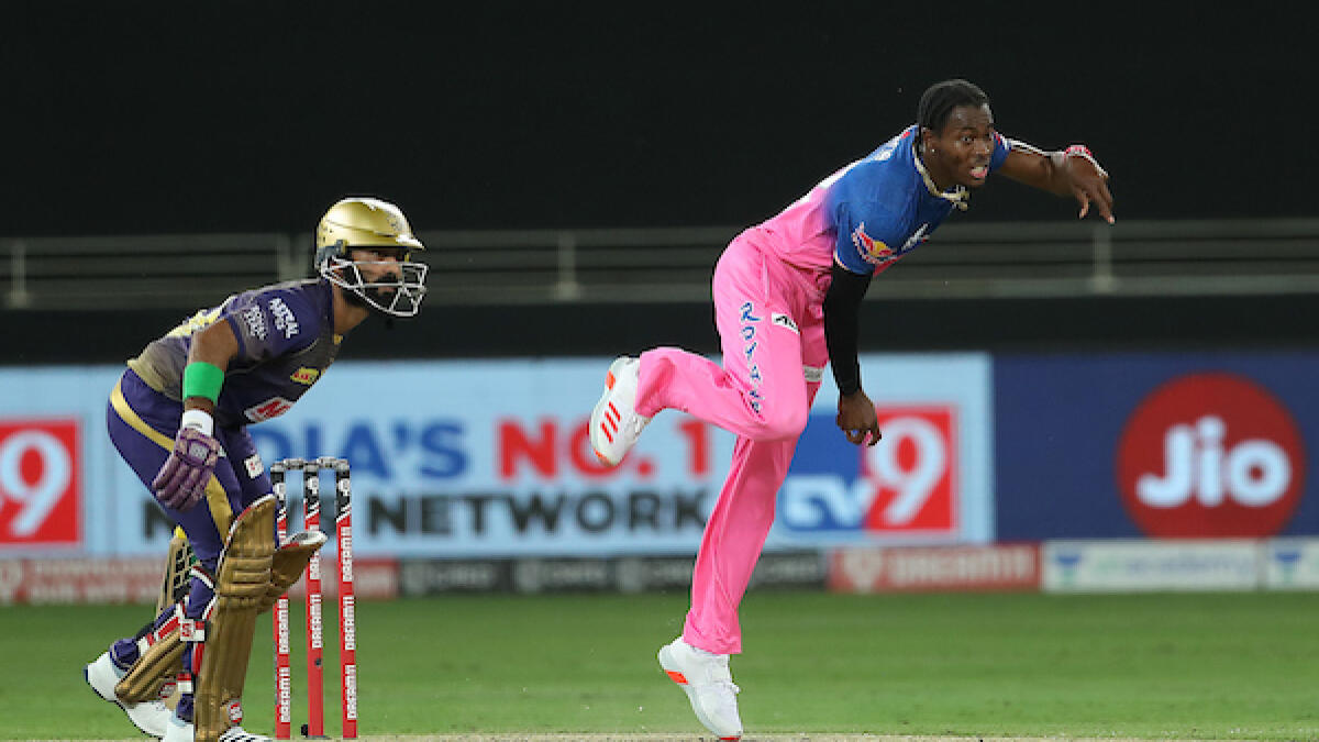 Rajasthan Royals fast bowler Jofra Archer bowls against the Kolkata Knight Riders in Dubai on Wednesday night. - BCCI/IPL