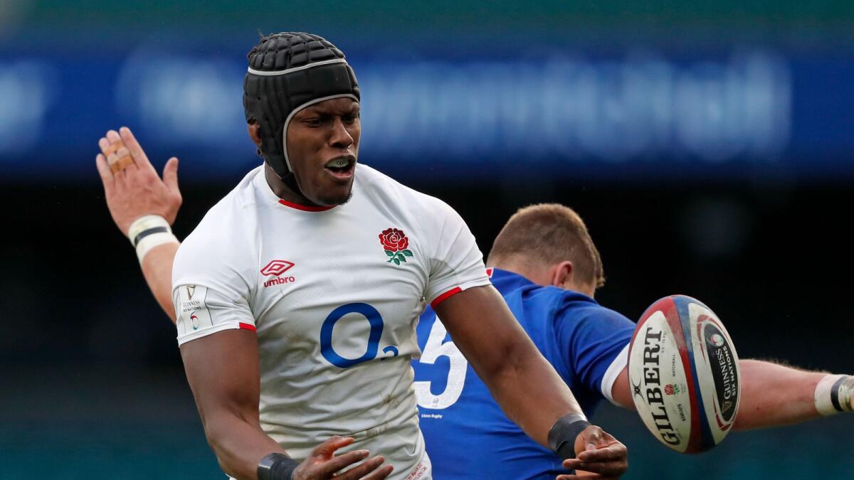 England's Maro Itoje claims a lineout during the Six Nations rugby union match between England and France at Twickenham Stadium. — AP