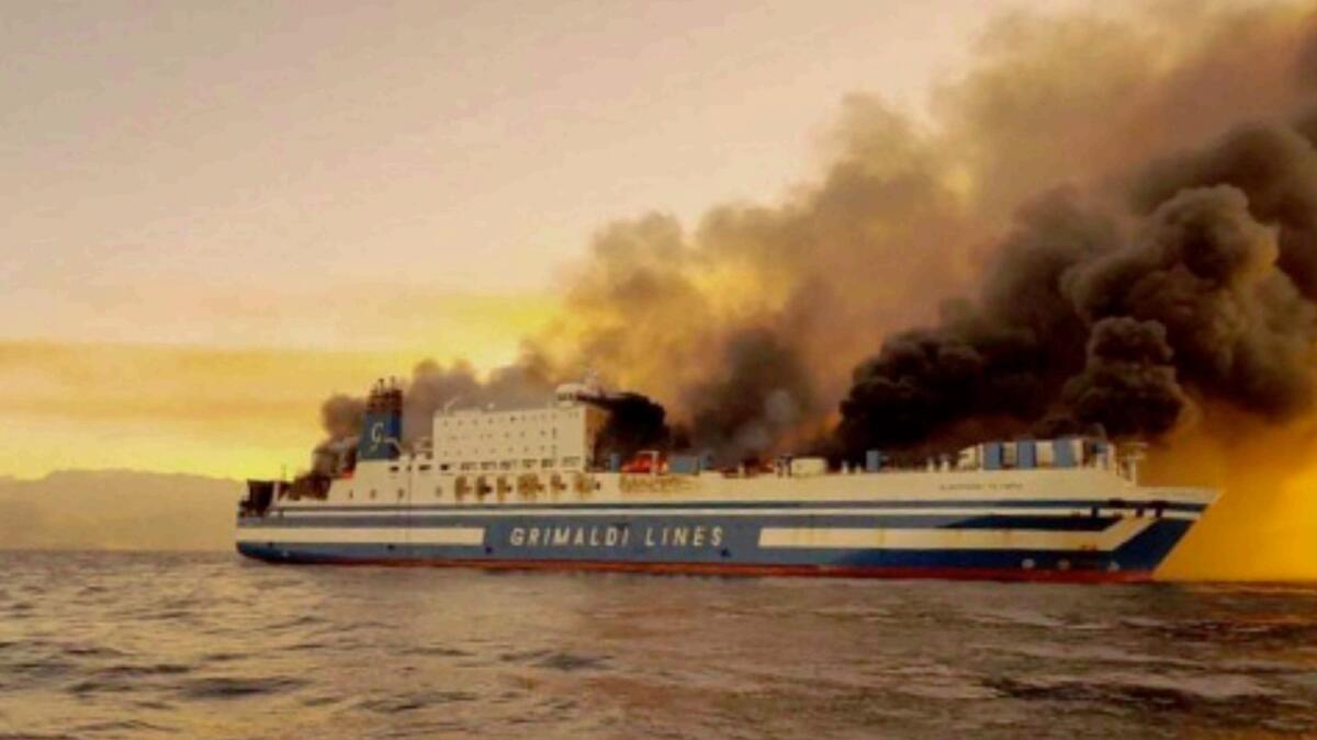 A ferry is on fire at the Ionian Sea near the island of Corfu, Greece. — AP