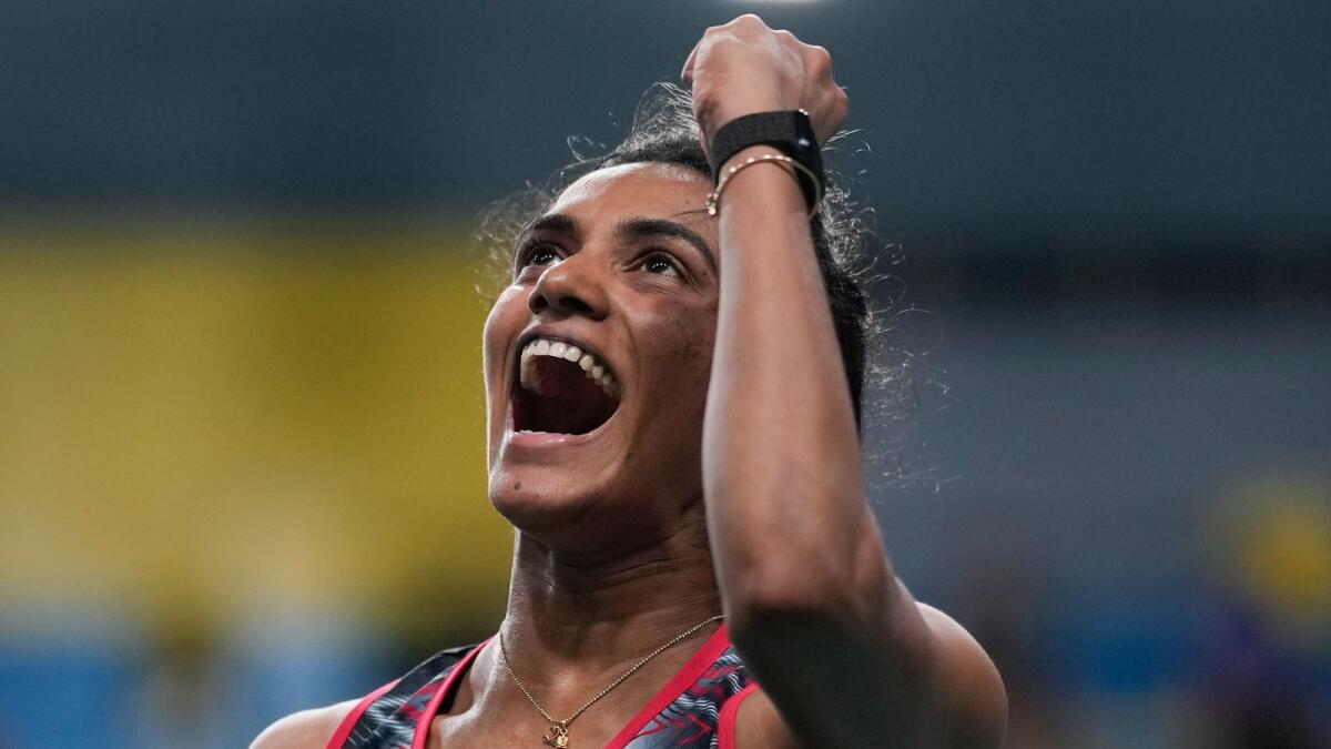 India's PV Sindhu celebrates her victory. (AP)
