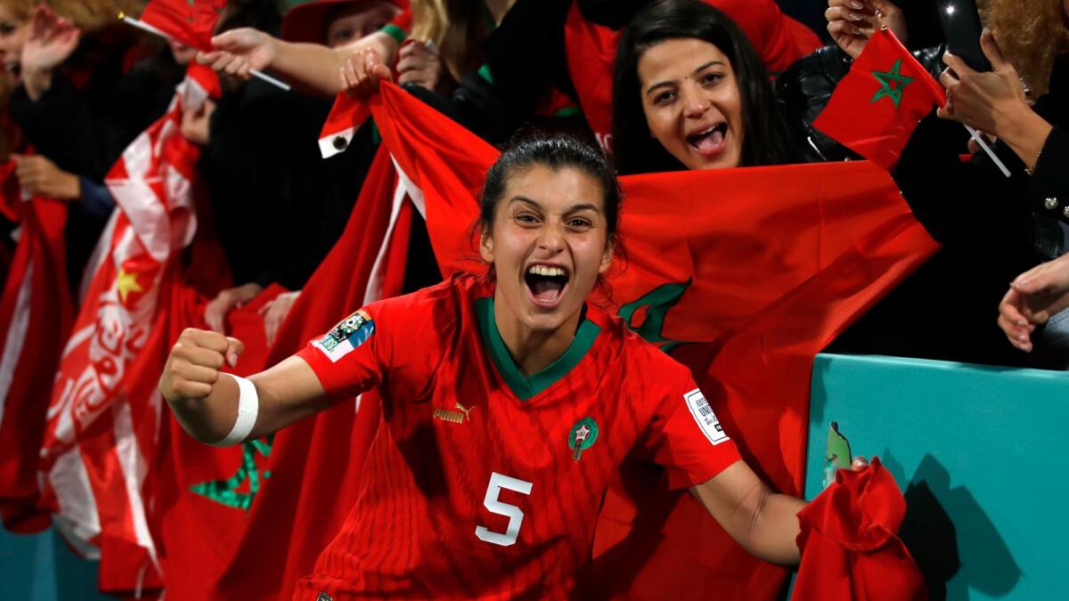 Morocco's Nesryne El Chad celebrates with fans after the team qualified for the last 16 stage of the Women's World Cup in Perth, Australia. - AP