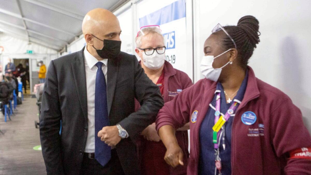 Britain's Health Secretary Sajid Javid during a visit to a Covid-19 vaccination centre. — AFP
