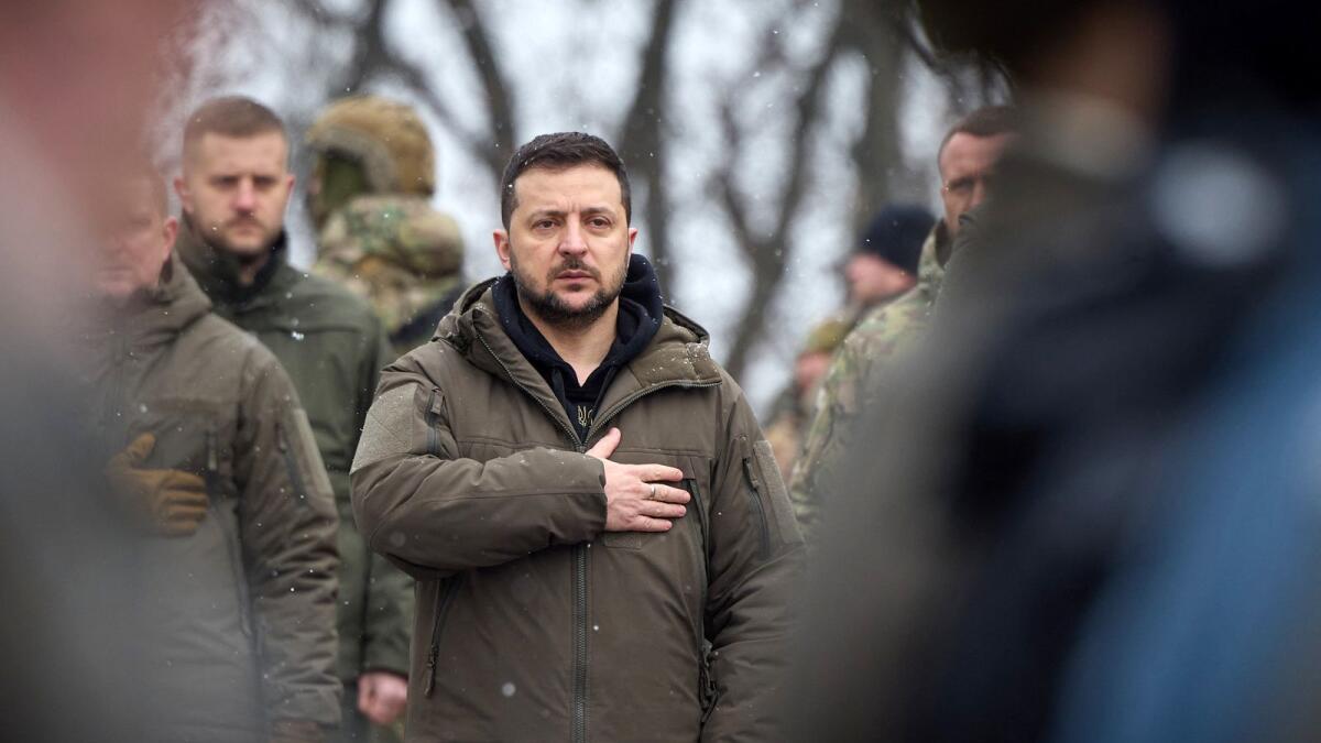 Ukrainian President Volodymyr Zelensky taking part in a ceremony in Kyiv, to commemorate the 105th anniversary of the Battle of Kruty against Bolshevik Red Army. — AFP