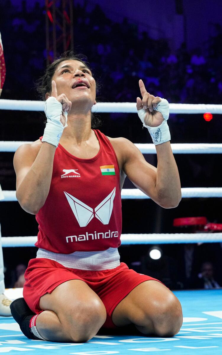 India's Nikhat Zareen reacts after winning the gold medal at the IBA Women’s Boxing World Championships. — PTI