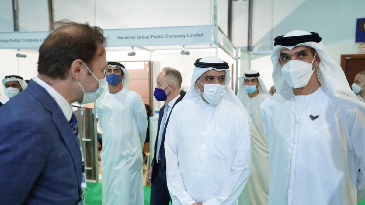 Thani bin Ahmed Al Zayoudi, UAE Minister of State for Foreign Trade, touring stands at Dubai WoodShow 2022. — Supplied photo