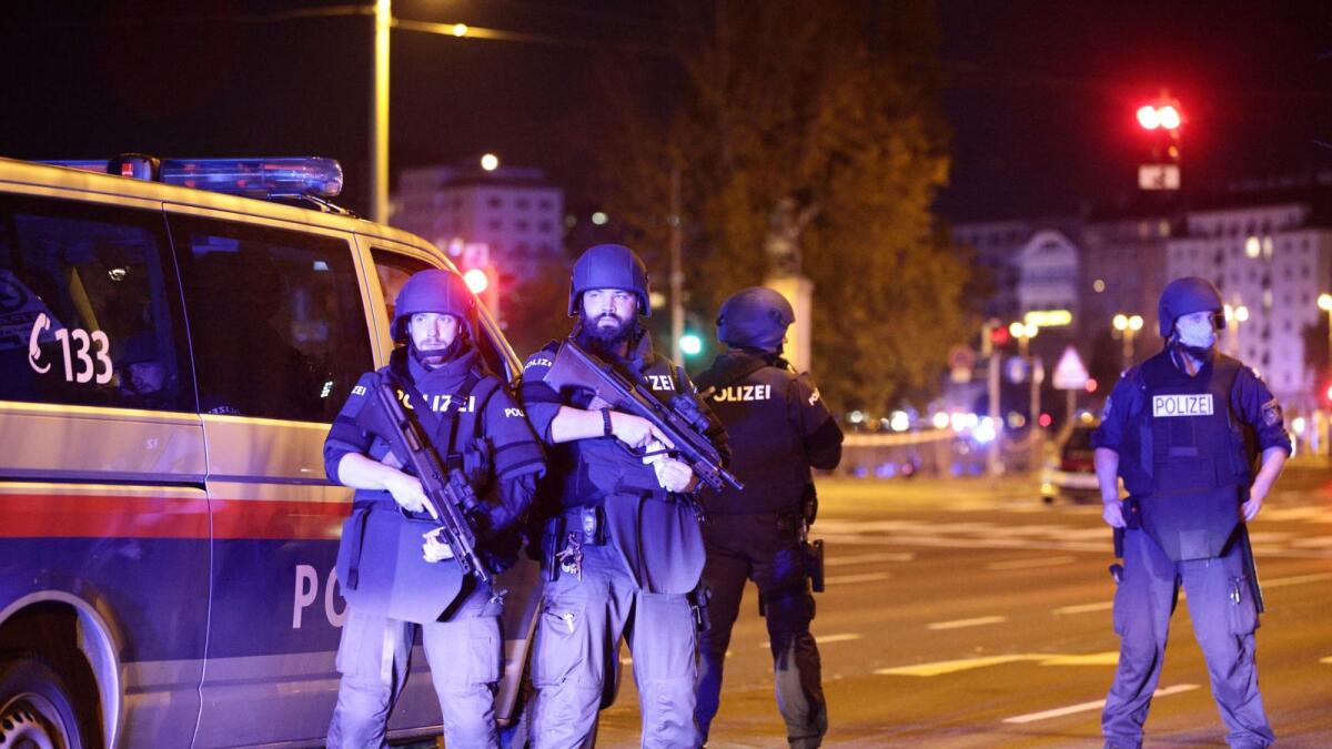 Police blocks a street near Schwedenplatz square after exchanges of gunfire in Vienna, Austria November 2, 2020.