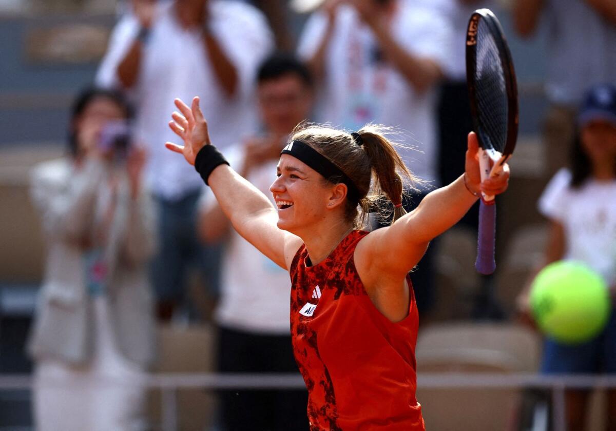 Czech Republic's Karolina Muchova celebrates winning her semifinal match against Belarus' Aryna Sabalenka. — Reuters