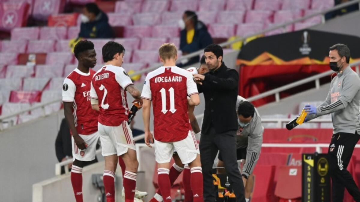 Mikel Arteta (right) is under huge pressure after the latest setback. (Arsenal Twitter)