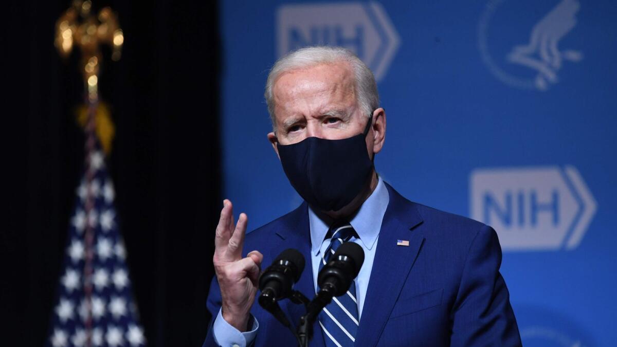 US President Joe Biden speaks during a visit to the National Institutes of Health in Bethesda, Maryland.
