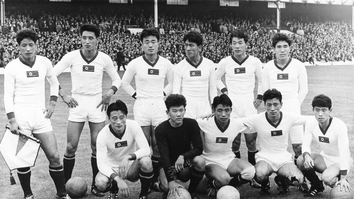 The North Korean soccer team line-up before their match against Portugal, at Goodison Park, Liverpool, England, in 1966. - AP file