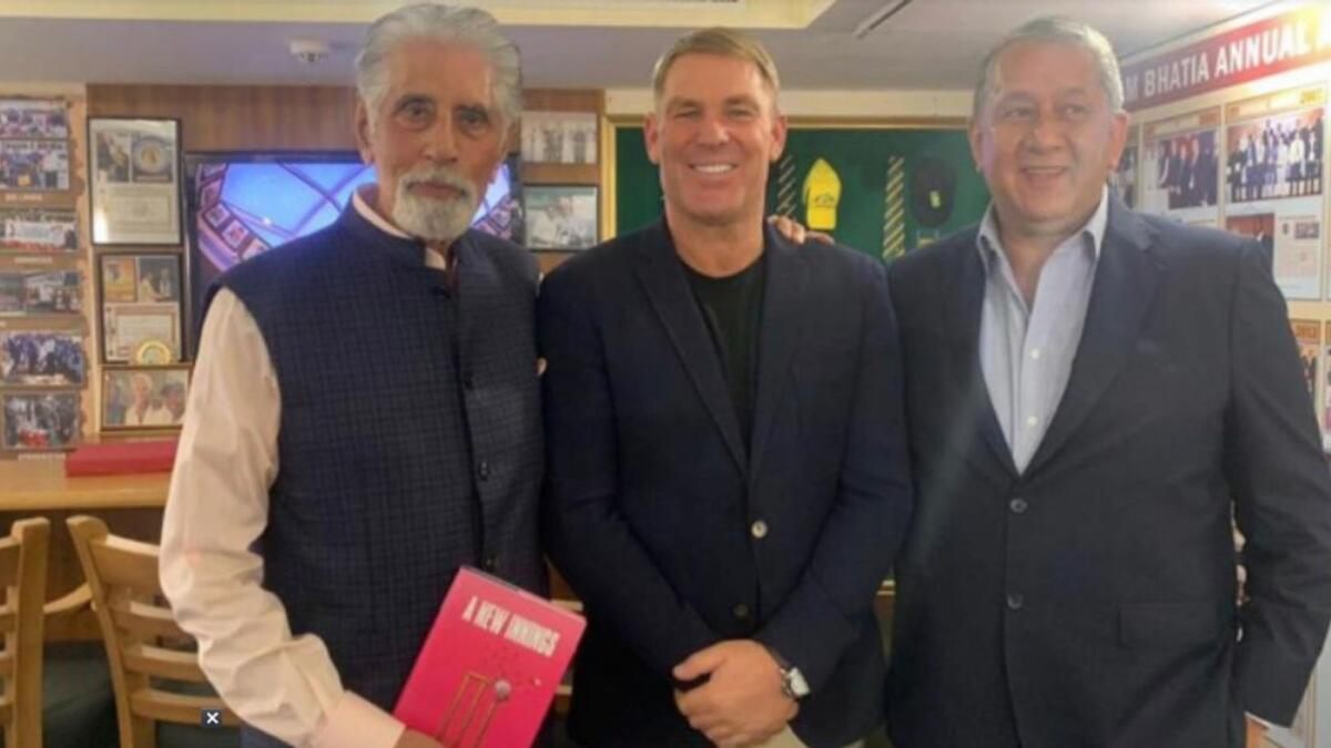 Ranjit Barthakur (right), chairman of the Rajasthan Royals, with Shane Warne and Shyam Bhatia, Dubai's well-known cricketer promoter, at the latter's cricket museum in Dubai. (Supplied photo)