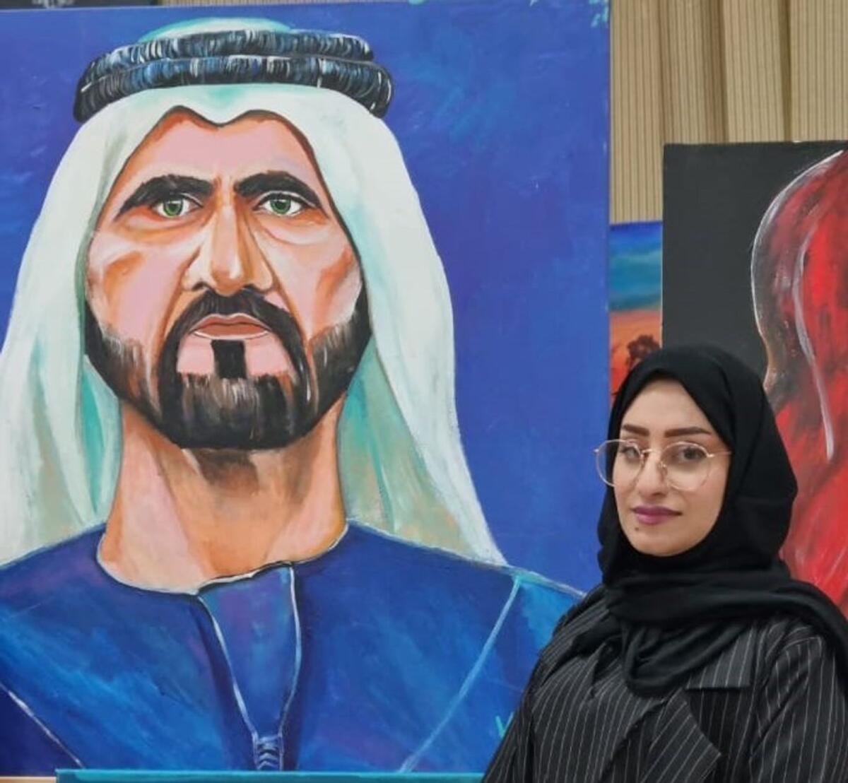 Kawkab Mohsin with her painting of Sheikh Mohammed.