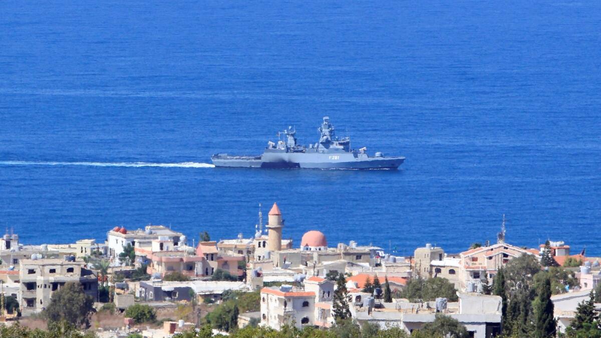 A UN naval ship is pictured off the Lebanese coast in the town of Naqoura, near the Lebanese-Israeli border, southern Lebanon on October 14, 2020.