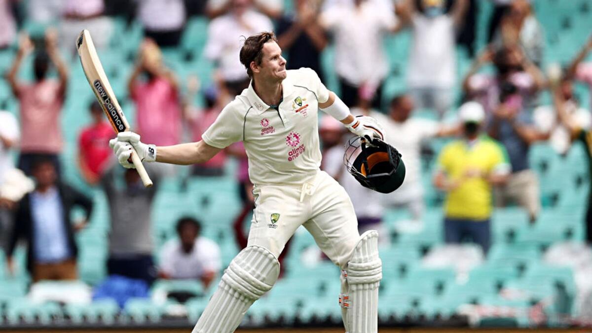 Australia's Steve Smith celebrates his century on the second day of the third Test. (ANI)