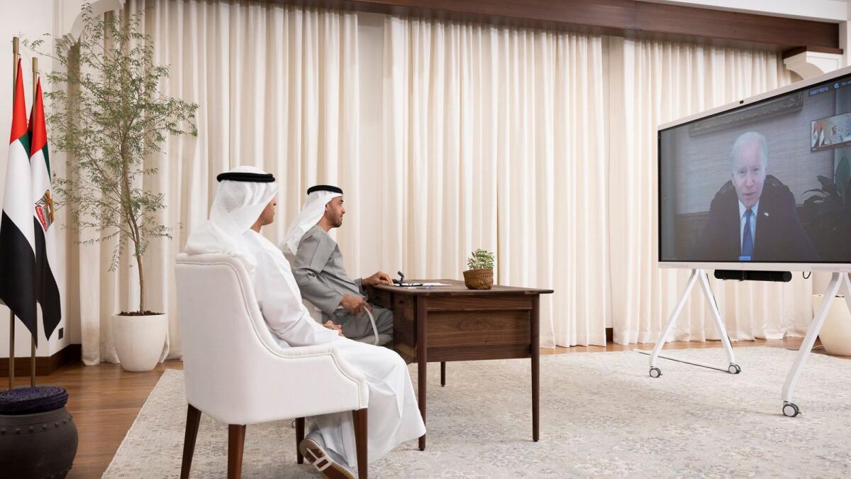 His Highness Sheikh Mohamed bin Zayed Al Nahyan during a virtual meeting with US President Joe Biden. Photo: Twitter/@MohamedBinZayed