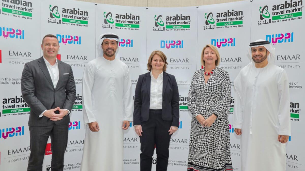 L to R: Mark Kirby, head of Hospitality, Emaar Hospitality Group; Issam Kazim, CEO of Dubai Tourism; Kerry Prince, chief growth officer, RX; Danielle Curtis, exhibition director for the Middle East, Arabian Travel Market; Adnan Kazim, CCO of Emirates. - Supplied