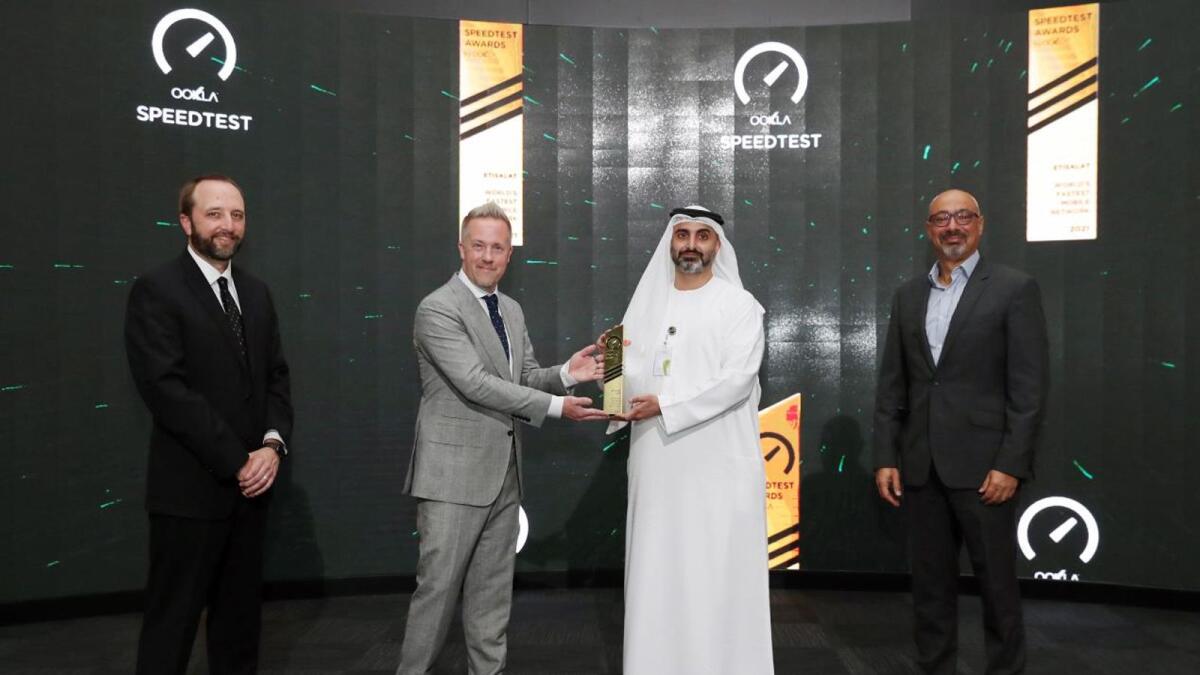 Masood M. Sharif Mahmood, CEO, Etisalat UAE Operations, received the award in the presence of Etisalat Group’s CEO Hatem Dowidar, key etisalat management executives, and representatives from the technology department. — Supplied photo