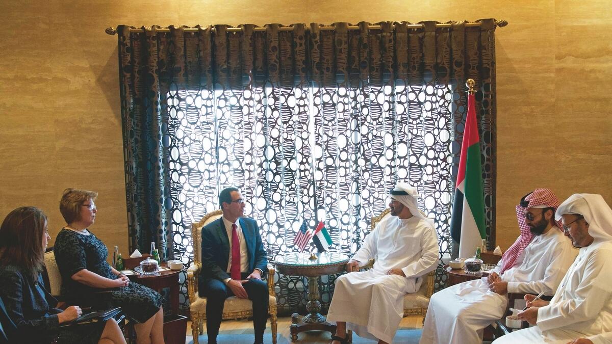 His Highness General Sheikh Mohamed bin Zayed Al Nahyan meets the United States Secretary of the Treasury Steven Mnuchin. — AFP photo