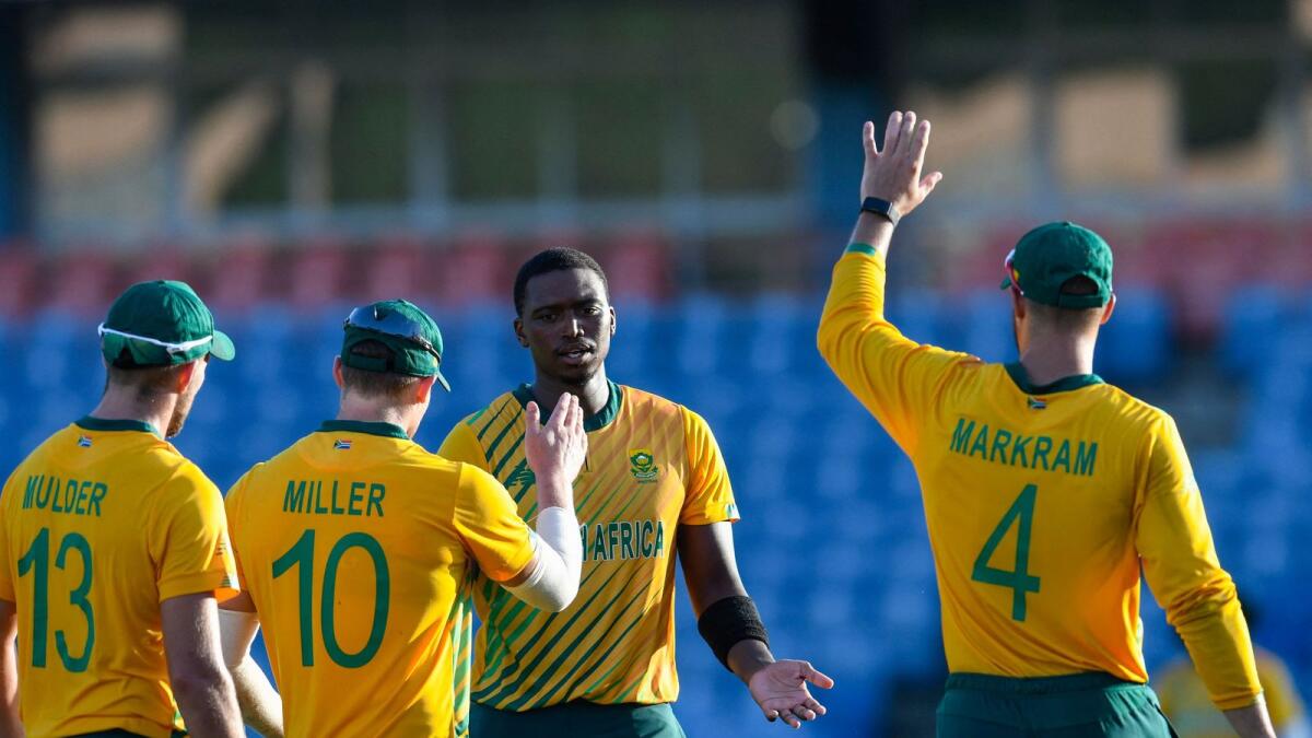 Lungi Ngidi (2nd right) of South Africa celebrates the dismissal of Shimron Hetmyer of West Indies with his teammates during the 5th and final T20I. -- AFP