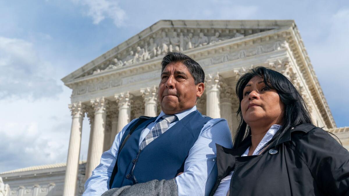 Beatriz Gonzalez, right, the mother of 23-year-old Nohemi Gonzalez, a student killed in the Paris terrorist attacks, and stepfather Jose Hernandez, speak outside the Supreme Court,Tuesday, Feb. 21, 2023, in Washington. — AP