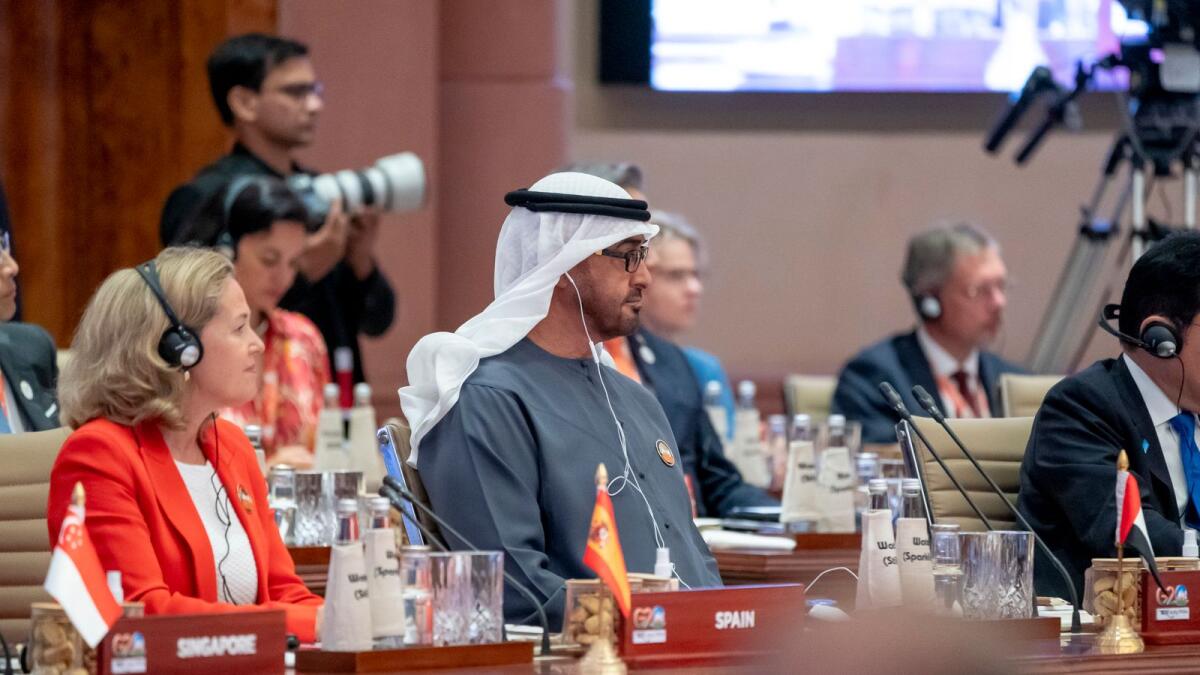 Sheikh Mohamed bin Zayed Al Nahyan attends the first session of the G20 Summit, New Delhi. — Wam
