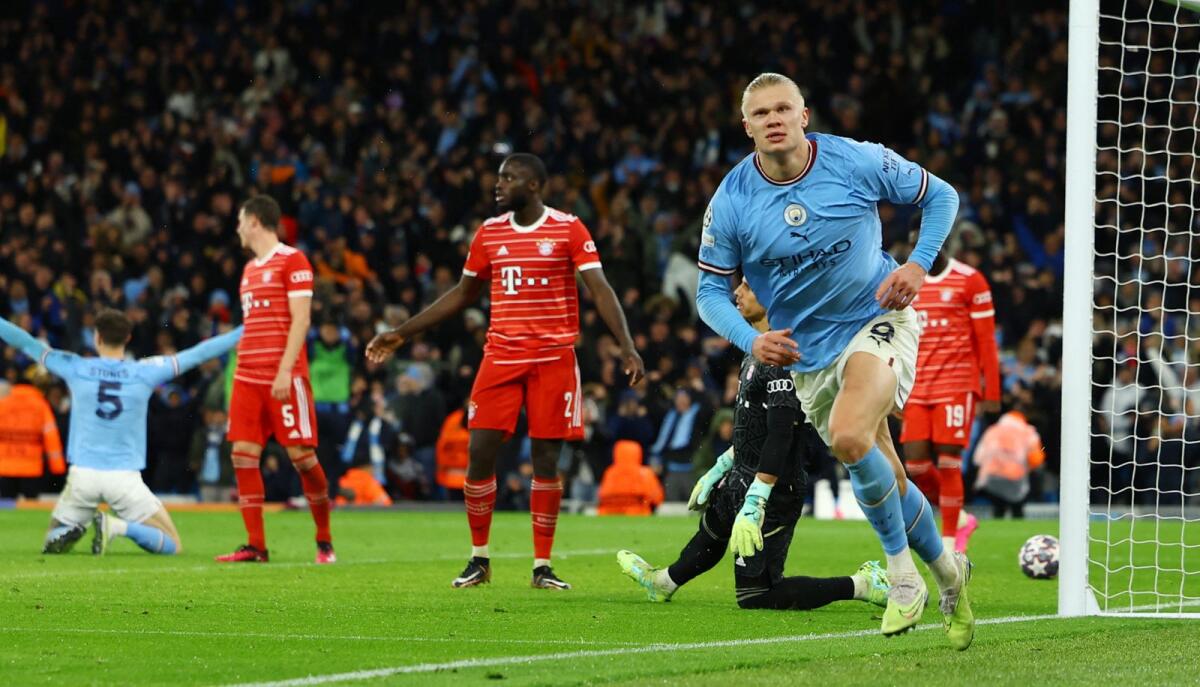 Manchester City's Erling Haaland celebrates scoring their third goal. — Reuters