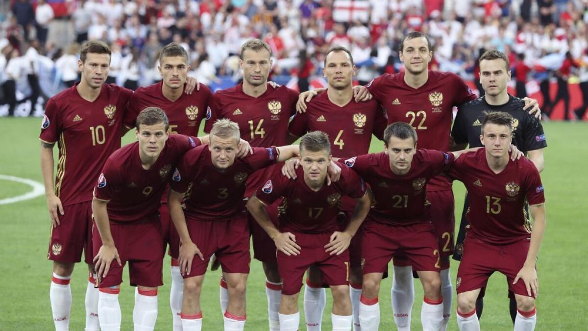 The Russia team poses prior to the Euro 2016 Group B soccer match between England and Russia, at the Velodrome stadium in Marseille, France, Saturday, June 11, 2016.