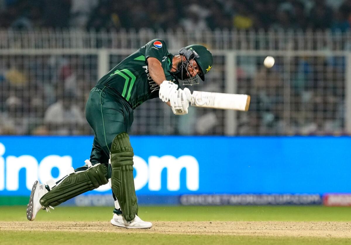 Pakistan batter Fakhar Zaman plays a shot during the match against Bangladesh at Eden Gardens in Kolkata. — PTI