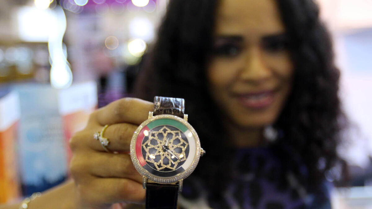 A model is shows the special edition diamond watch from the KARA jewellery stall during  the 39th Watch and jewellery show at Expo center in Sharjah  – Photo by M.Sajjad /Khaleej Times