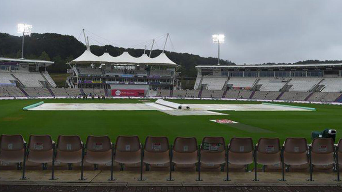 The pitch lies covered due to rains which held up the third day's play in the second Test match between England and Pakistan on Saturday. -- Twitter