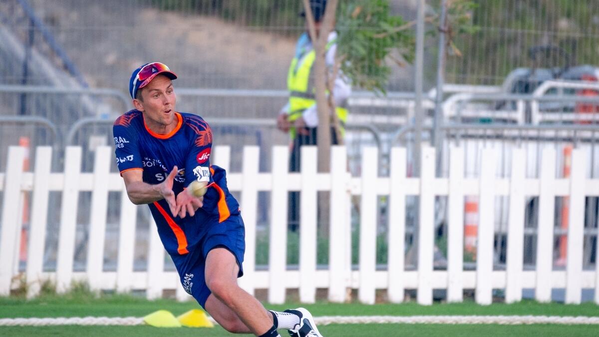RARING TO GO: Kiwi pace bowler Trent Boult takes a catch during a training session with the Mumbai Indians in Abu Dhabi. (Mumbai Indians)