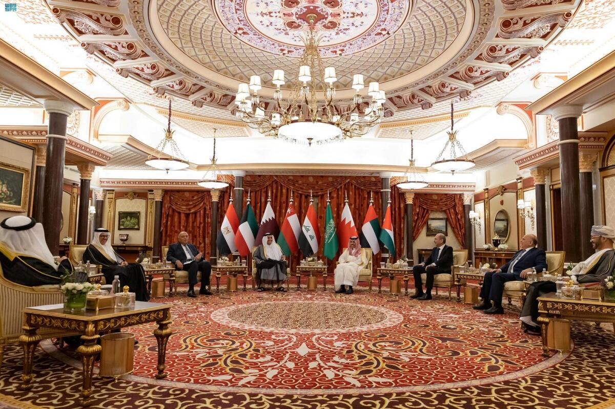 Saudi Arabia hosts a meeting of foreign ministers from Iraq, Jordan, Egypt and the Gulf Cooperation Council (GCC) countries to discuss Syria's return to the Arab League in Jeddah, Saudi Arabia, on Friday. — Reuters