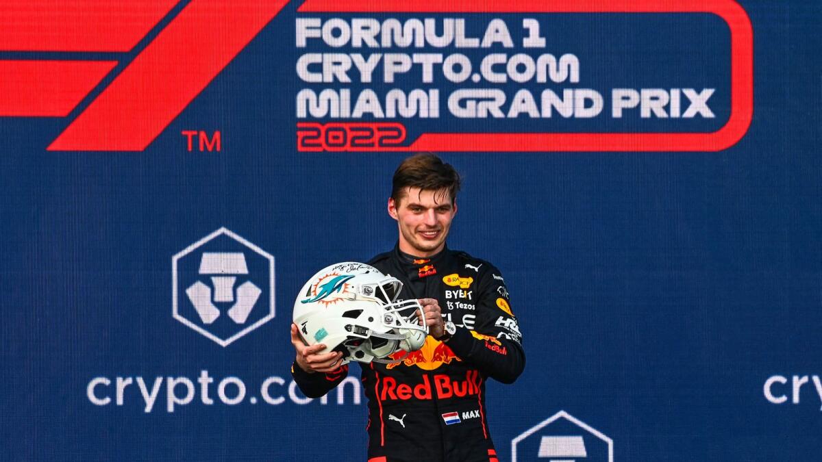 Red Bull Racing's Dutch driver Max Verstappen celebrates on the podium after winning the Miami Formula One Grand Prix. (AFP)